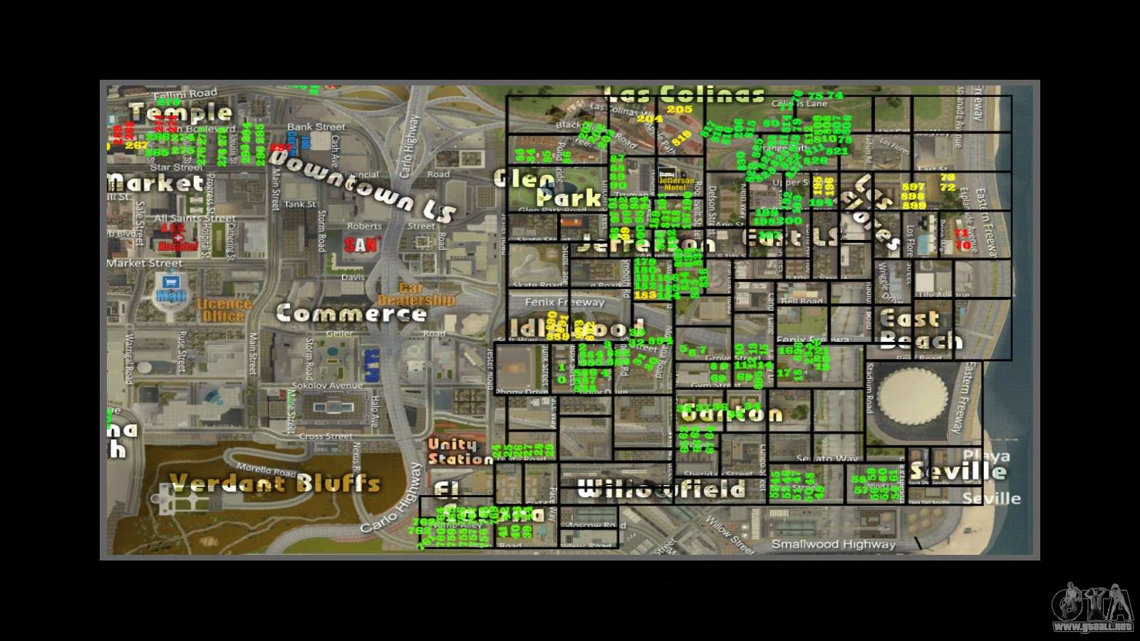 Mapa con los números las casas de ARP para GTA San Andreas